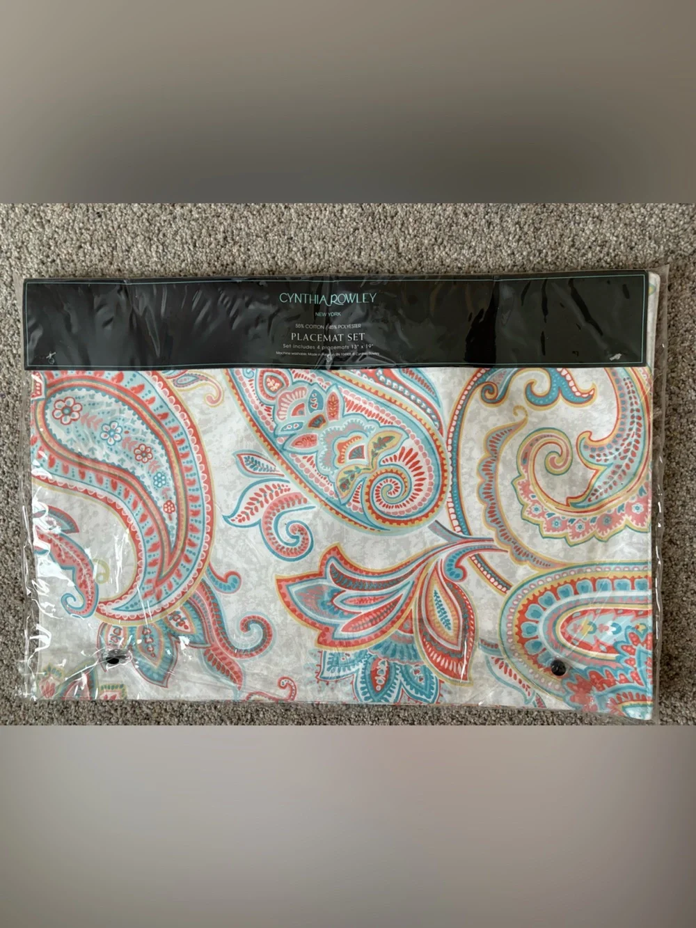 CYNTHIA ROWLEY Set of 4 NEW Paisley Floral Placemats 13x19 Aqua Coral NIP